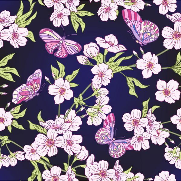 الگوی بدون درز با ساکورا شکوفه های ژاپنی و پروانه ها تصویر برداری