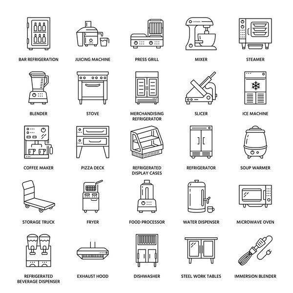 تجهیزات حرفه ای رستوران تجهیزات آیکون خط ابزار آشپزخانه مخلوط کن مخلوط کن سرخ کرده پردازشگر غذا یخچال بخار اجاق مایکروویو علائم خطی نازک برای فروشگاه تجهیزات پخت و پز تجاری