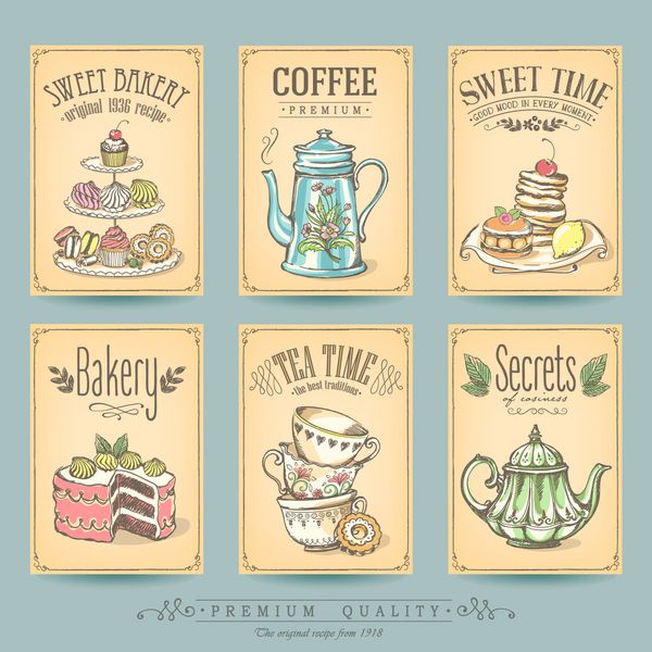 شیرینی و چای برای جمع آوری کارت پوسترهای پیشنهادی فروشگاه نان شیرین یا خانه قهوه نقاشی آزاد طرح