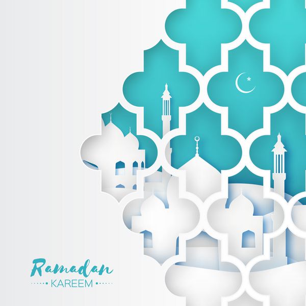 پنجره مسجد آبی اوریگامی رمضان کریم کارت پستال با الگوی عرب عربی ماه مقدس مسلمان هلال ماه نماد اسلام طراحی انتزاعی بردار