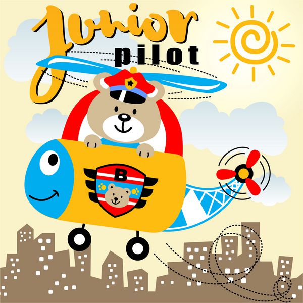 خلبان خلبان جوان هلی کوپتر بچه ها پیراهن طراحی تصویر برداری کارتون خرس