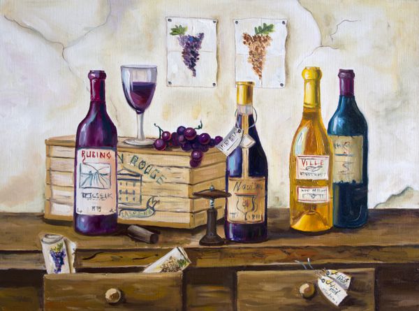 بقایای زندگی بطری و انگور بر روی میز نقاشی با رنگ روغن بر روی بوم دست نقاشی شده فهرست