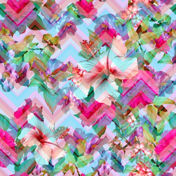 الگوی گلدار بدون درز کلاژ عکس طراحی دیجیتال برای چاپ گل شکوفه های گرمسیری Hibiscus Rhododendron و Primrose