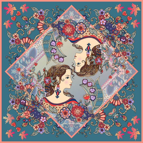 روسری ابریشم تابستانی با زنان زیبایی صورت گل ها پرندگان و برگ های افرا است چاپ باندانا شال بالش