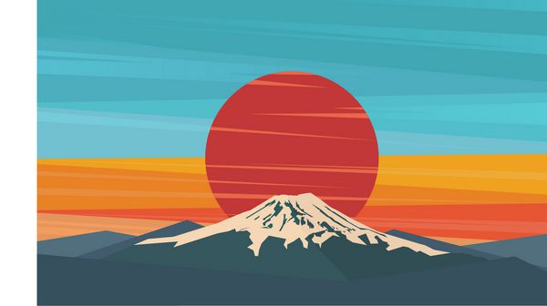 کوه آتشفشان در خورشید فوجی در مقابل غروب خورشید قرمز نماد ژاپن تصویر برداری