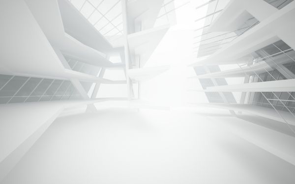 چکیده داخلی سفید آینده با شیشه تصویر 3D و رندر