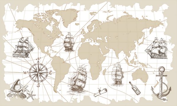 نقشه برداری جهان دست کشیده شده با قطب نما لنگر و کشتی های قایقرانی در سبک پرنعمت ایده آل برای پارچه کاغذ دیواری و چاپ