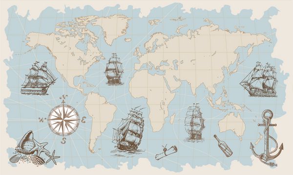 نقشه برداری جهان دست کشیده شده با قطب نما لنگر و کشتی های قایقرانی در سبک پرنعمت ایده آل برای پارچه کاغذ دیواری و چاپ