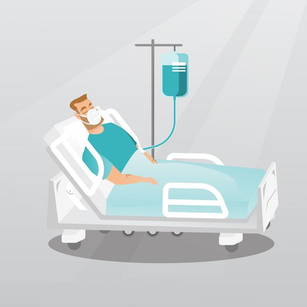 جوان کاکاشی مرد در تخت بیمارستان با ماسک اکسیژن دروغ می گوید مرد در طول یک روش پزشکی با یک قطره شمارنده بیمار در بستر در بیمارستان بستری است تصویر برداری طراحی مسطح طرح مربع