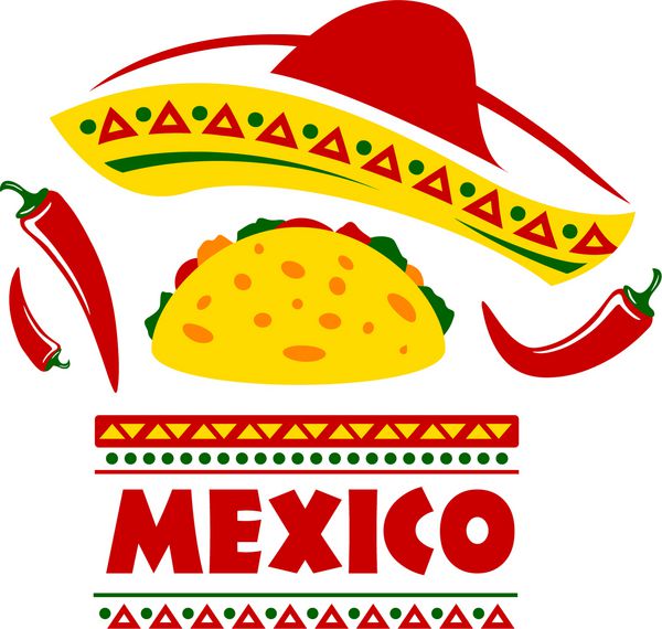 کلم اسمبرو مکزیکی میان وعده تاکو و فلفل قرمز چای قرمز jalapeno آیکون برداری برای مکزیک غذا غذا رستوران منو یا غذا و کافه فست فود با تزئین سنتی مکزیکی