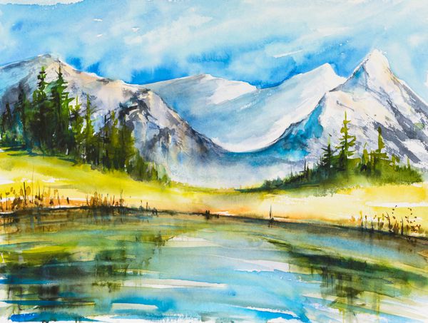 دریاچه با کوه نقاشی آبرنگ چشم انداز برف کوه ها را با یک دریاچه پوشانده است
