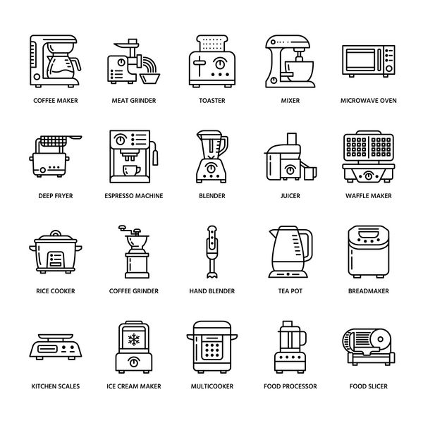 لوازم آشپزخانه لوازم کوچک آیکون خط نشانه های ابزار پخت و پز خانگی تجهیزات تهیه غذا مخلوط کن دستگاه قهوه مایکروویو توستر چرخ گوشت