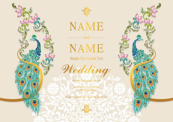 الگو کارت دعوت عروسی با الگوی طاووس طلا و کریستال بر روی رنگ کاغذ