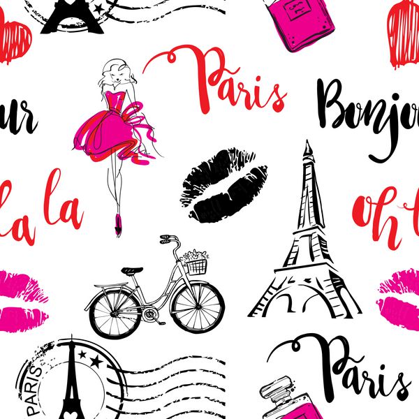 مد الگوی بدون درز Bonjour پاریس الگوی با فونت های خوشنویسی اصلی طرح برج ایفل و لب ها برای مد لباس تی شرت کودک بسته بندی کاغذ طراحی خلاقانه دخترانه