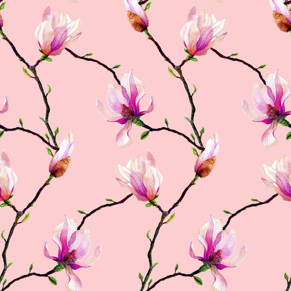 الگوی بدون درز با شاخه های magnolia صورتی جدا شده در پس زمینه صورتی دعوت نامه کارت عروسی کارت تولد
