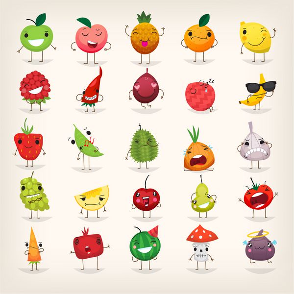 مجموعه ای از شخصیت های میوه ای رنگارنگ با چهره های سرد و شاد شکلات میوه و غذای