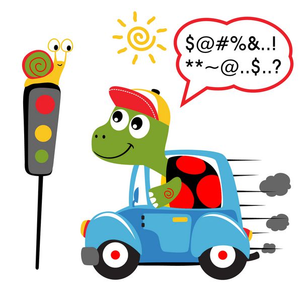 ماشین رانندگی لاک پشت با حلزون در نور ترافیک تصویر برداری کارتونی