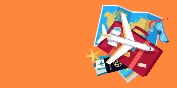 بنر تبلیغاتی پرواز هواپیما چمدان با چمدان نقشه جهان بلیط هواپیما گذرنامه ماسک غواصی تصاویر تختخواب ستاره دریایی برای آژانس مسافرتی شرکت هواپیمایی طراحی صفحه فرود