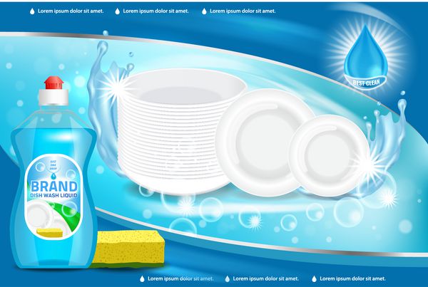 تصویر برداری 3D رنگ آبی مواد تبلیغاتی مایع ظرفشویی طراحی برچسب بطری پلاستیکی مایع ظرفشویی یا صابون های ظرفشویی پوستر تبلیغاتی