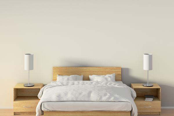 دیوار خالی در اتاق خواب با تخت چوبی تصویر 3D