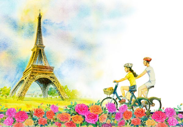 پاریس چشم انداز شهرستان اروپا فرانسه برج ایفل و زن و شوهر عشق مرد زن تور دوچرخه سواری در باغ گل رز هنر مدرن تصویر نقاشی آبرنگ روز تبریک کارت دعوت