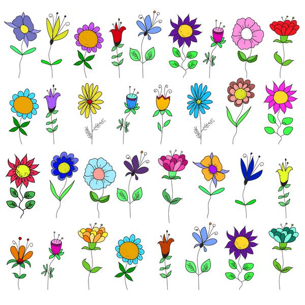 مجموعه ای از گل های مختلف و رنگ با برگ در یک پس زمینه سفید یک نقاشی در شیوه ای ساده و بی نظیر گل ها برگ ها نقاشی بردار بدون نقاشی با doodles کودکان قرعه کشی می کنند