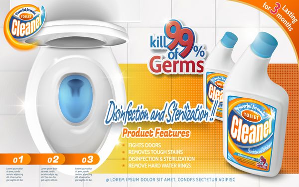 تبلیغات پاک کننده توالت محصول پاک کننده قوی با نمای بالا از کاسه توالت پر زرق و برق در تصویر 3d