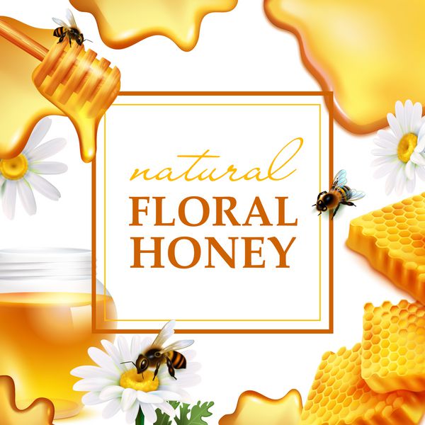 عنصر با گل های طبیعی عسل قاب رنگارنگ با عسل زنبور عسل گل رز گل و عسل جریان تصویر واقعی واقع بینانه