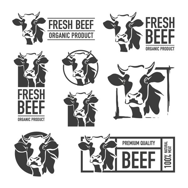 مجموعه لوگو گوشت گاو برچسب های قصابی آیکون گاو برای مواد غذایی فروشگاه های گوشتی بسته بندی و تبلیغات