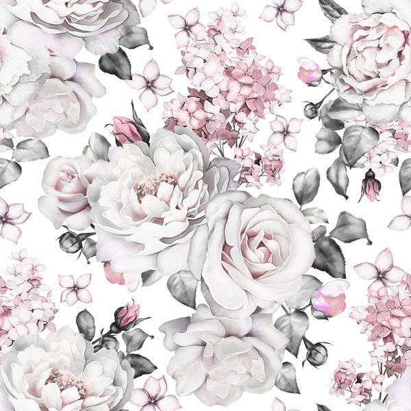 الگوی بدون درز با گل و برگ در زمینه سفید الگوی گل گل آبرنگ گل رز گلابی کاشی برای کاغذ دیواری یا پارچه