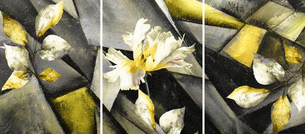 نقاشی روغن دست نقاشی شده triptych سبک با گل برگ نقاشی چکیده هنر بر روی بوم بافت در مدرن داخلی هنر معاصر زرد است