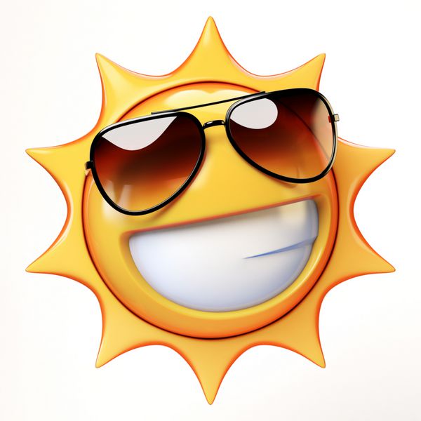 خورشید کارتون با عینک آفتابی جدا شده بر روی زمینه سفید رندر 3D شکلک های آفتابی