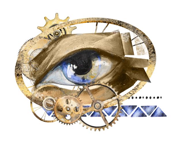 آبرنگ بخار تصویر ساعت چشم سبک تصویر جدا شده بر روی زمینه سفید نسخه چاپی سورئالیسم زمان
