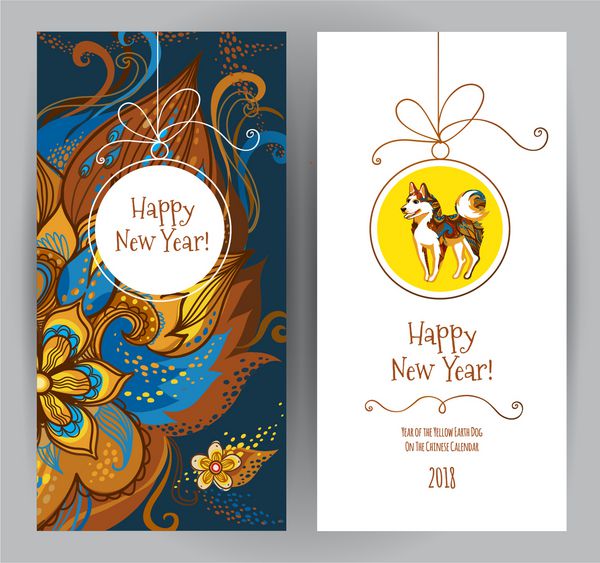 Vector cards with a illustration of dog symbol of 2018 on the Chinese calendar Decoration with floral patterns Element for New Year