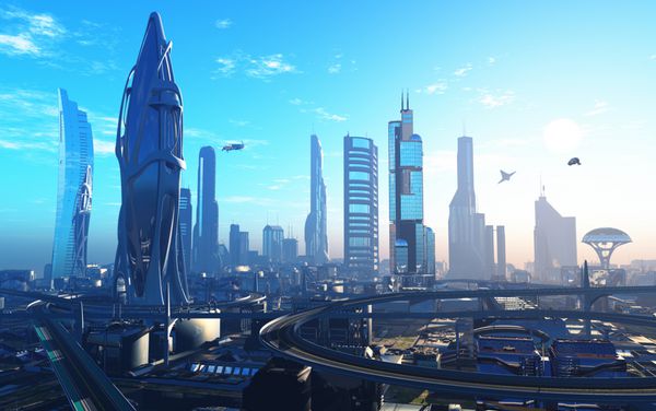 شهر آینده در ساحل 3d رندر