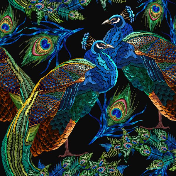 الگوی بدون درز گلدوزی طاووس طلا و جواهر کلاسیک مد روز گلدوزی زیبا قالب مد روز برای طراحی لباس دم طاووس