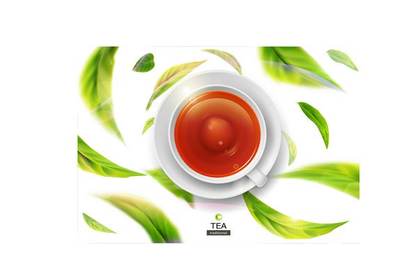 تصویر برداری 3d با چای سبز برگ در حال حرکت بر روی زمینه سفید و فنجان سرامیک با بشقاب پرتقال با چای سیاه عناصر طراحی تبلیغات بسته بندی محصولات چای