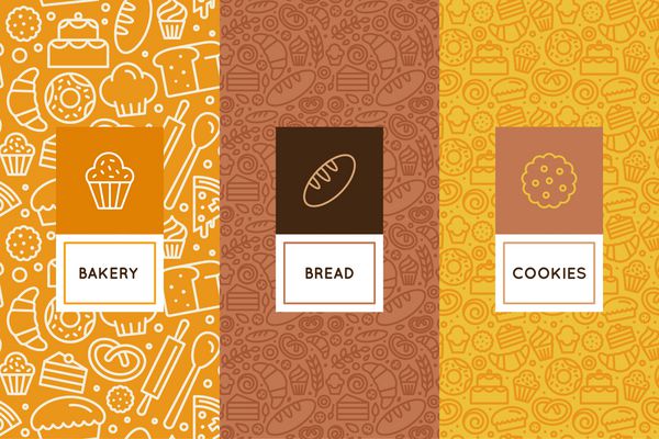 مجموعه ای از الگوهای طراحی و عناصر برای بسته بندی نانوایی در سبک خطی مرسوم مد روز الگوهای بدون درز با آیکون های خطی مربوط به پخت کافی نت فروشگاه کیک کوچک
