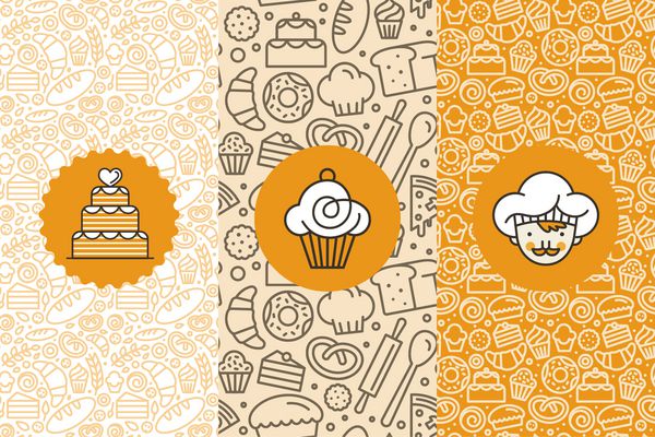 مجموعه ای از الگوهای طراحی و عناصر برای بسته بندی نانوایی در سبک خطی مرسوم مد روز الگوهای بدون درز با آیکون های خطی مربوط به پخت کافی نت فروشگاه کیک کوچک و قالب های طراحی لوگو