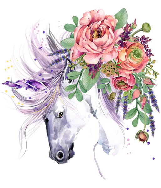 اسب تک شاخ تصویر گل گل آبرنگ پس زمینه فانتزی اسب سفید