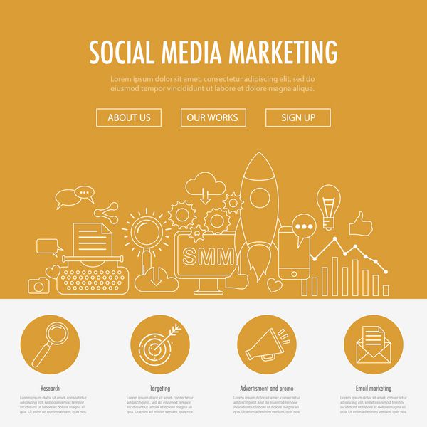 قالب وب صفحه بازاریابی رسانه های اجتماعی مفهوم طراحی خط مسطح برای بازاریابی رسانه های اجتماعی بازاریابی دیجیتال مناسب برای وب سایت بنر و صفحه فرود