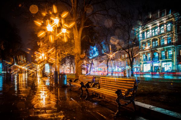 Lviv Ukraine 3 نوامبر 2017 نیمکتهای Lviv در شب بارانی