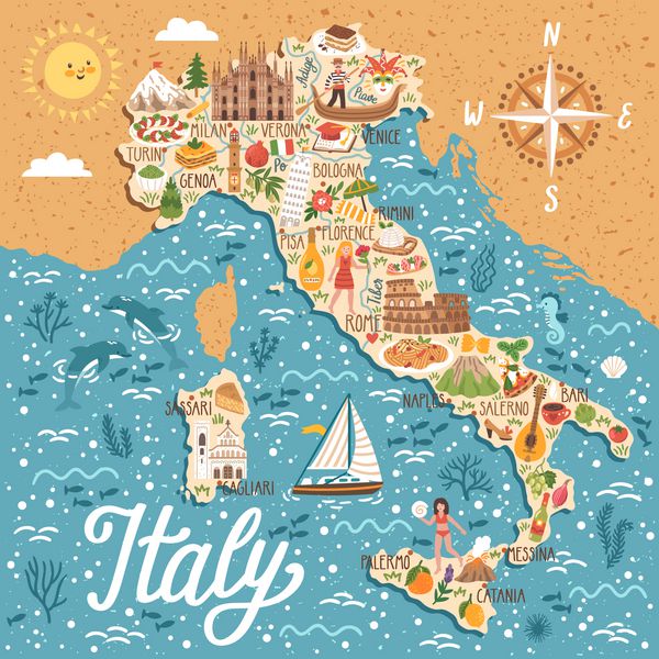 نقشه برداری برداری از ایتالیا تصویر سفر با نشانه های ایتالیایی مردم نمادها و غذاهای سنتی