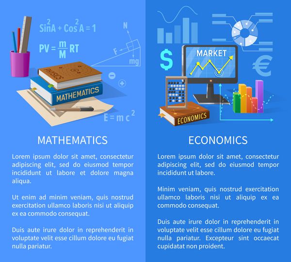 ریاضی و اقتصاد پوستر تبلیغاتی با کتاب های درسی ضعیف نمودارهای آماری گرافیک روی صفحه و لوازم التحریر در تصاویر بردار ایستاده