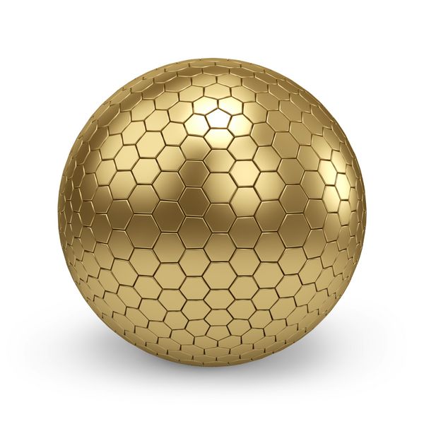 کره طلایی با الگوی لانه زنبوری جدا شده بر روی زمینه سفید رندر 3D توپ بافت طلایی