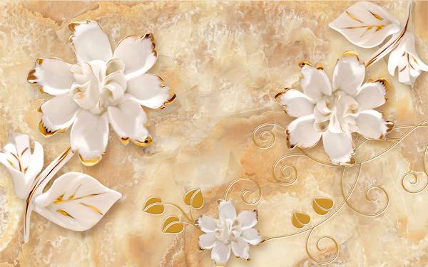 پوستر دیواری سه بعدی گل های هلندی سفید در پس زمینه طلایی