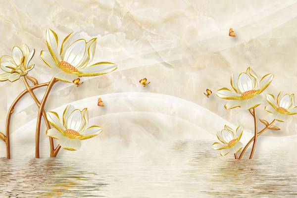 پوستر دیواری سه بعدی گل های هلندی طلایی با شاخه ی قهوه ای پس زمینه سفید طرح دار