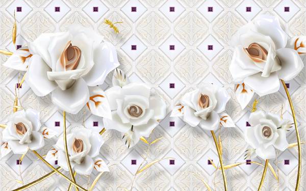 پوستر دیواری سه بعدی گل های هلندی سفید و قهوه ای در پس زمینه کاشی