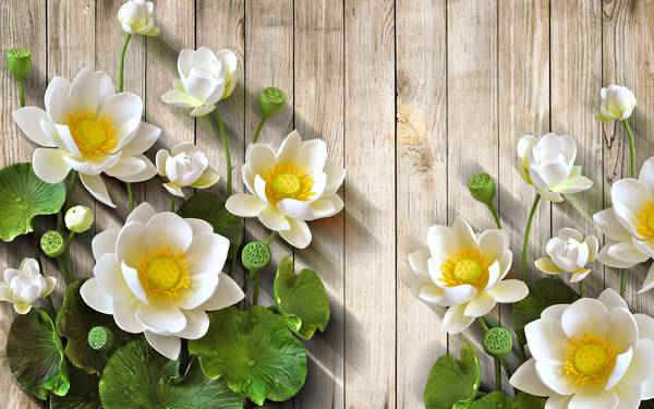 پوستر دیواری سه بعدی گل های هلندی سفید و برگ های سبز در پس زمینه طرح چوب
