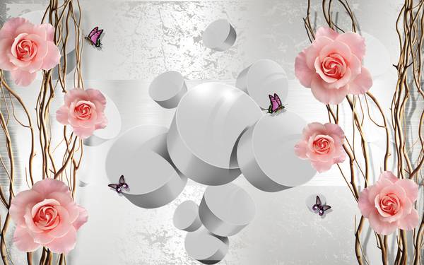 پوستر دیواری سه بعدی گل های صورتی آویزان و استوانه های سفید